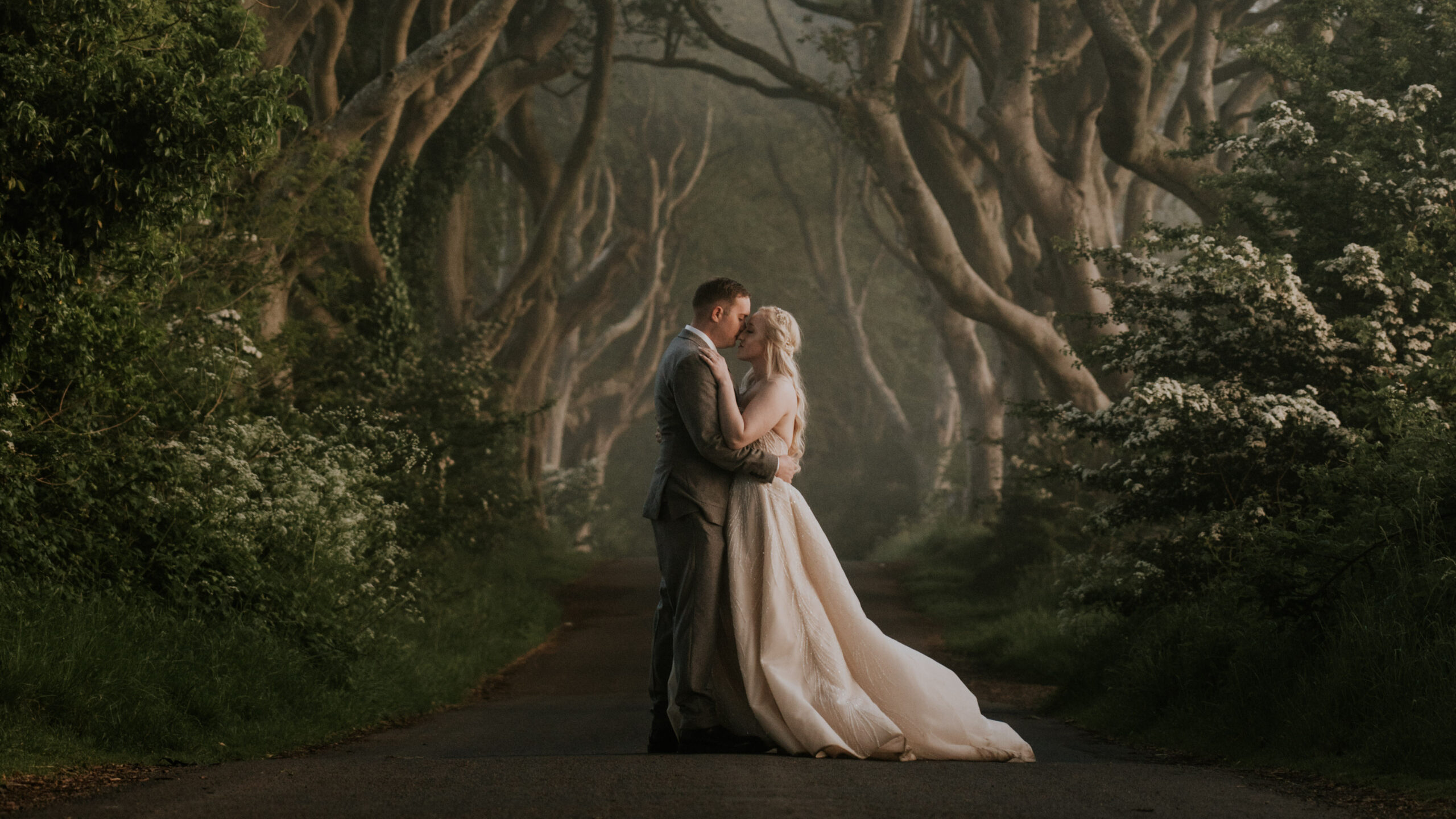 couple at dark hedges kings road in northern ireland set to dramatic trees and fog